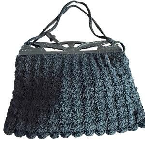 Crocheted Vintage Purse Handbag Black With Double Cord Strap